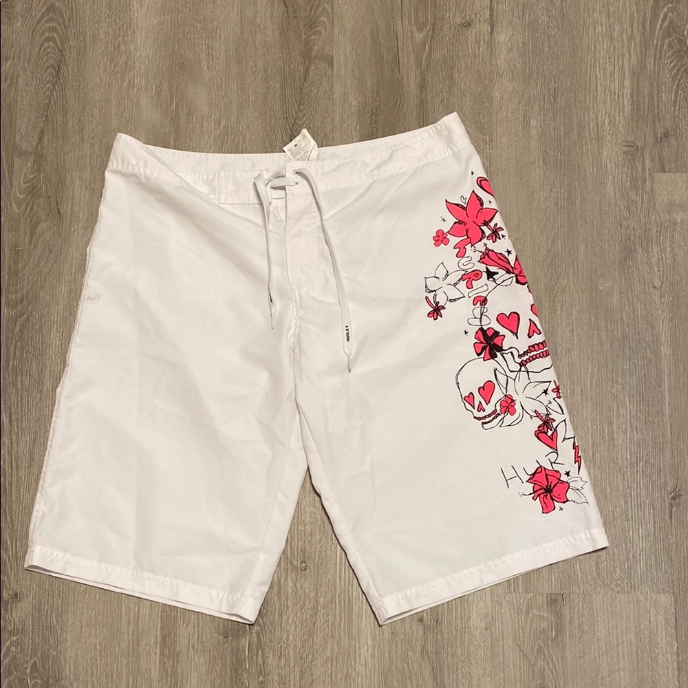 Hurley White Board Shorts with Pink Floral and Skull Design
